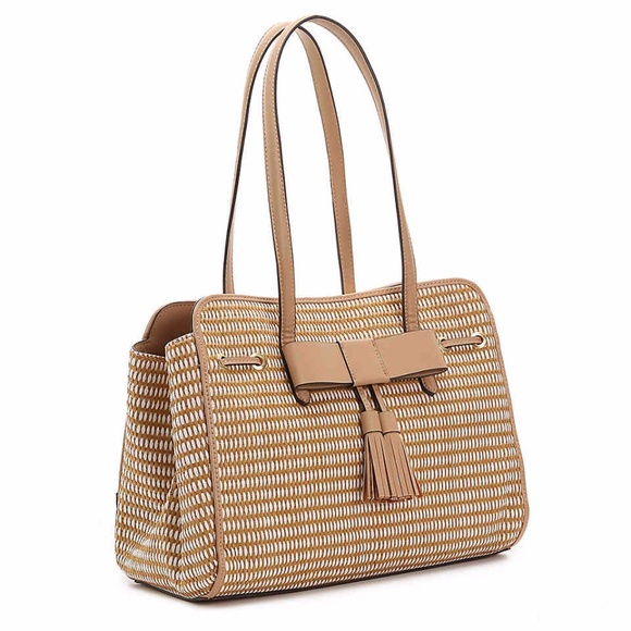 Nanette Lepore Handbags - Nanette Lepore ‘Arabelle’ Tan & Cream Leather, Straw & Canvas Tassel Bow Purse